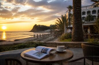 Strandvakantie inspiratie met een reisgids op een terras bij zonsondergang
