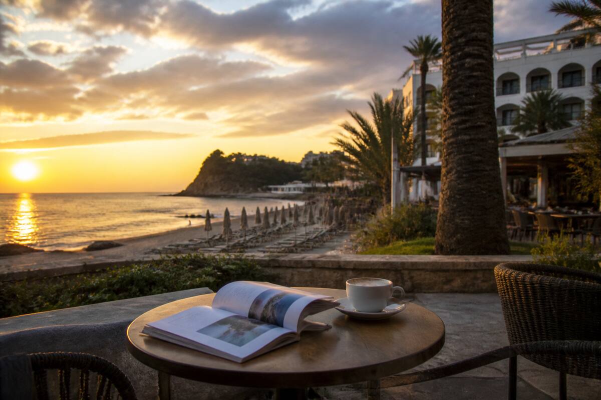 Strandvakantie inspiratie met een reisgids op een terras bij zonsondergang