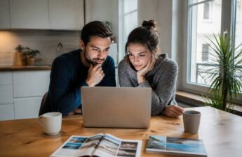 Stel dat vakanties vergelijkt op een laptop met reisgidsen op tafel, bij daglicht
