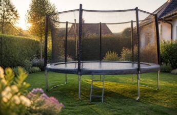 Trampoline met veiligheidsnet in een tuin