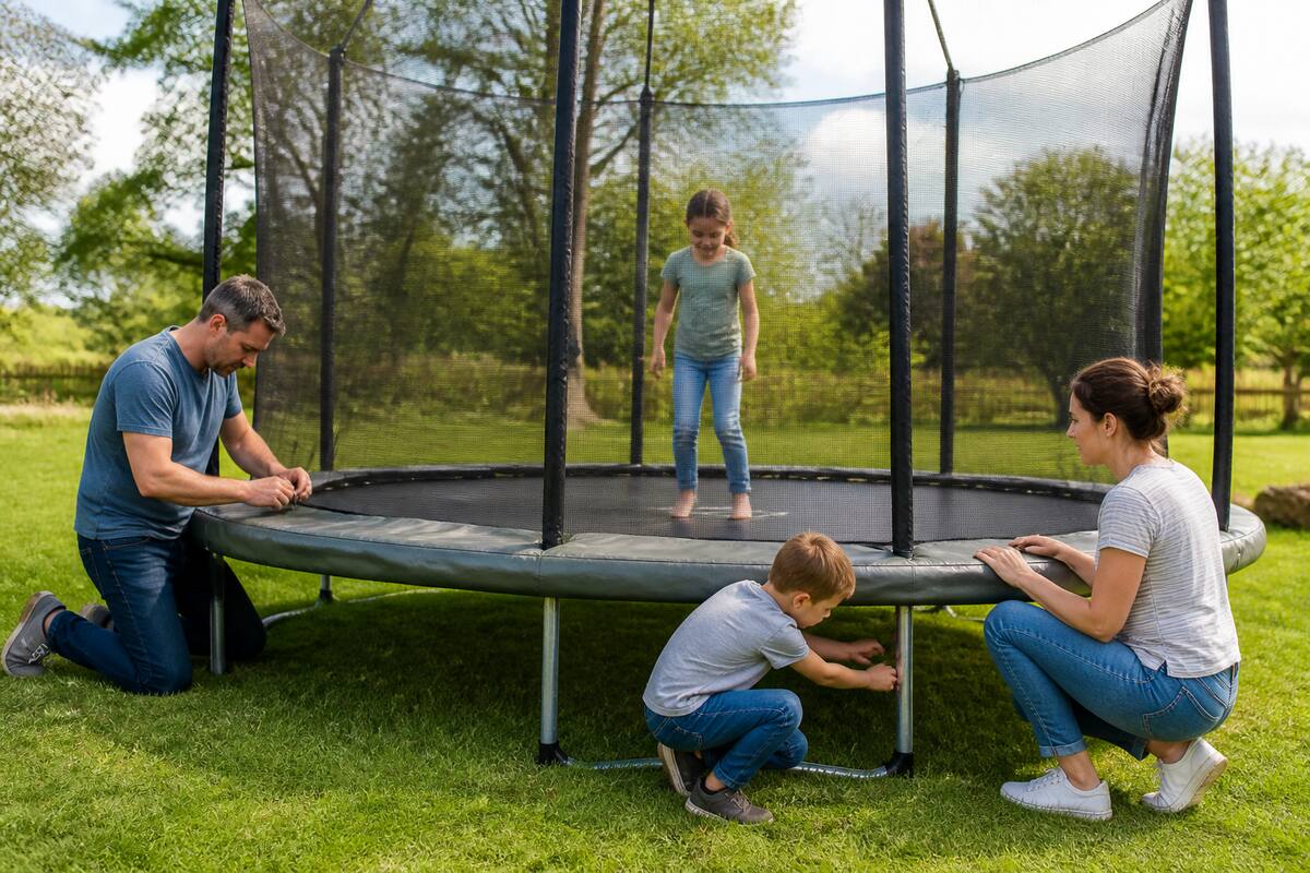 Gezin dat een trampoline opbouwt in de tuin met veiligheidsnet en randkussen