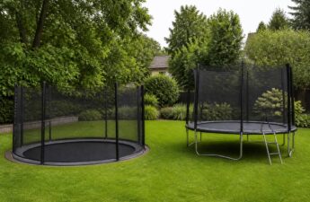Inground en opbouw trampoline in dezelfde tuinomgeving ter vergelijking