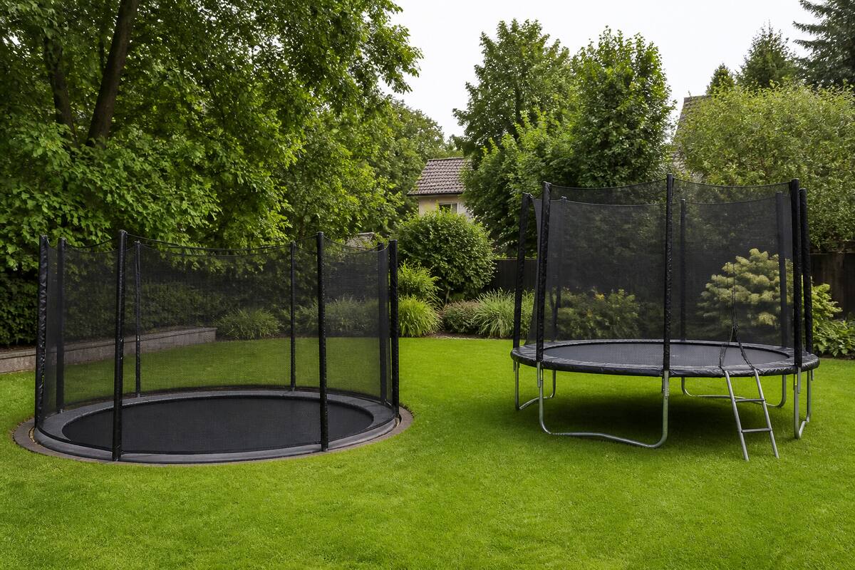 Inground en opbouw trampoline in dezelfde tuinomgeving ter vergelijking