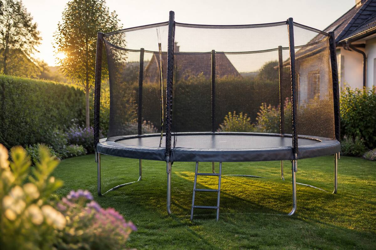 Trampoline met veiligheidsnet in een tuin