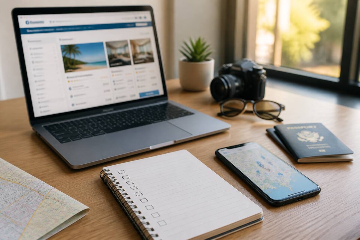Praktisch reisvergelijk moment met laptop, notitieboekje en reisdocumenten
