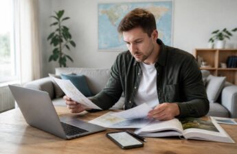 Vakanties vergelijken op een laptop met een reisgids en notities op tafel