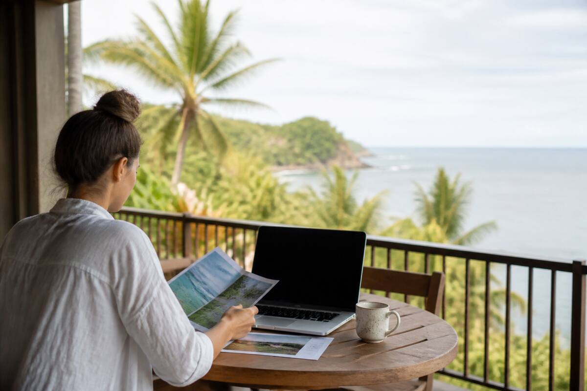 Iemand vergelijkt reisopties op een laptop met papieren reistips voor een rustige vakantiekeuze