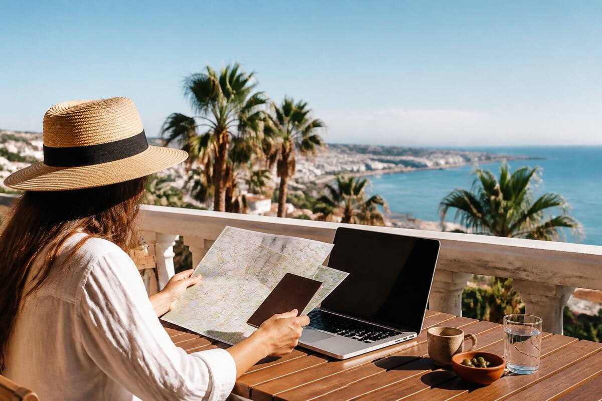 Vakanties vergelijken met reisdocumenten en een kaart op een zonnig terras